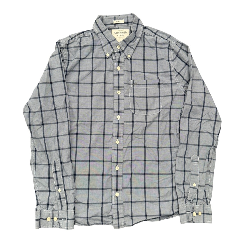 Abercrombie & Fitch Mens Large Muscle Fit Blue White Plaid Button Down Shirt
